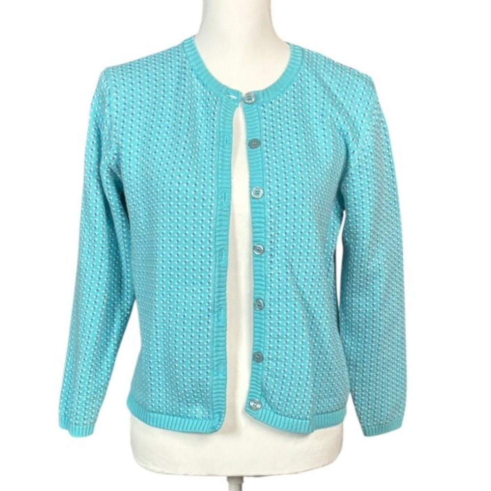 Vintage LL Bean Birdseye Cardigan Size Medium Grandmacore Cottagecore Blue